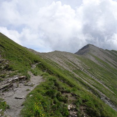 Der schmale Weg, der in Kehren ins Weitental führt